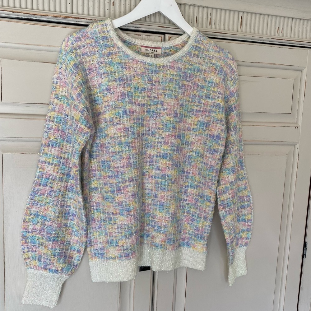 NWT Multiple Colored Pastel Balloon Sleeve Sweater Pull Over Crew Neck Sz Small
